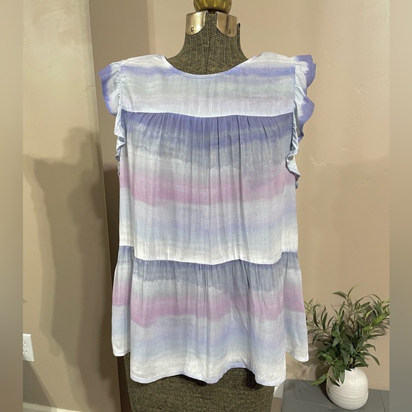 Anthropologie Cloth & Stone Blue Tie Dye Flutter Sleeve Boho Top Tiered Romantic - Picture 2 of 10